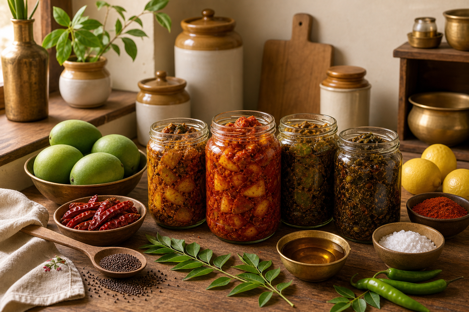 Authentic Andhra pickle jars arranged in a warm homemade kitchen with mangoes and spices