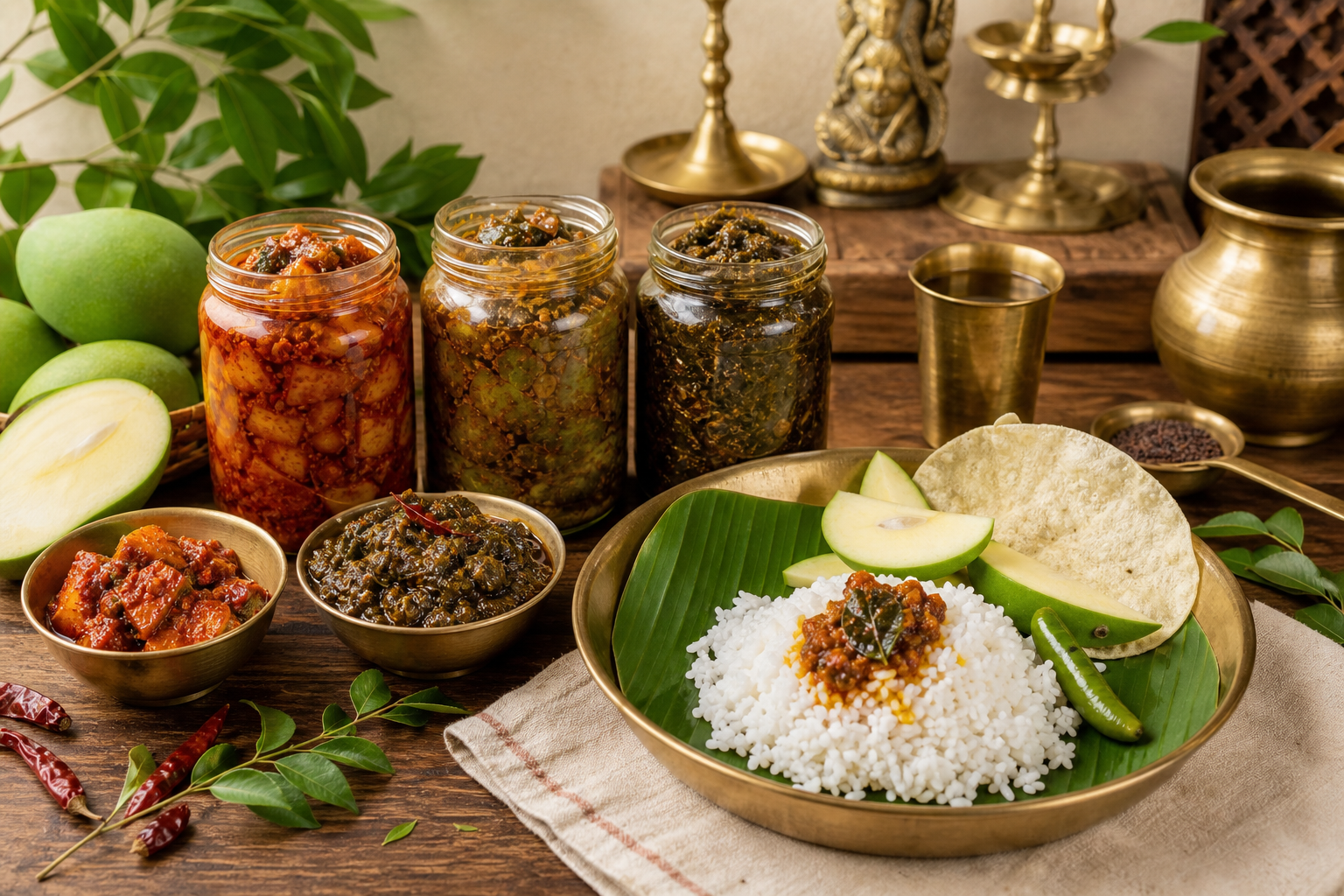 Traditional Andhra meal served with authentic homemade pickles and fresh mango slices