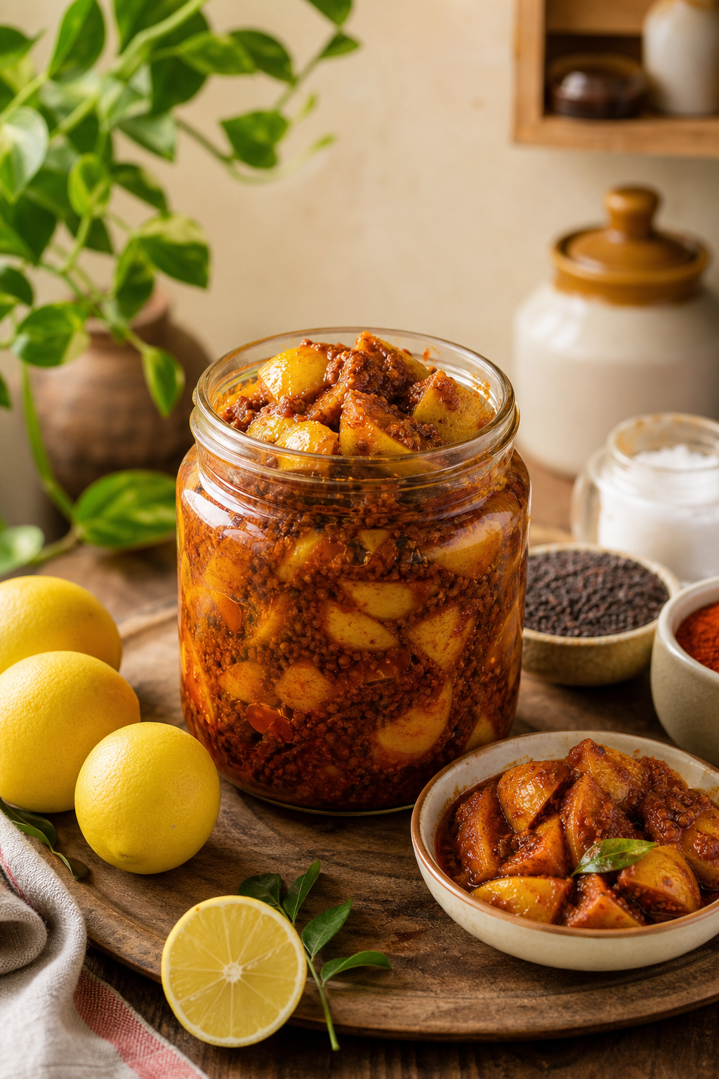 Lemon Pickle in a glass jar with fresh lemons and spices