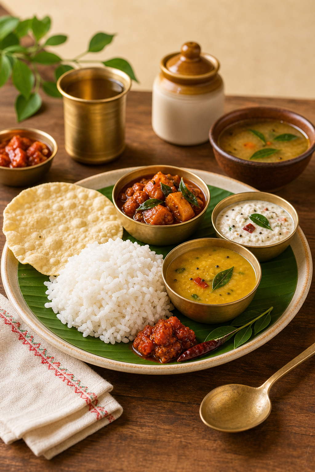 Authentic Andhra homemade meal served with rice, dal, papad, and pickle