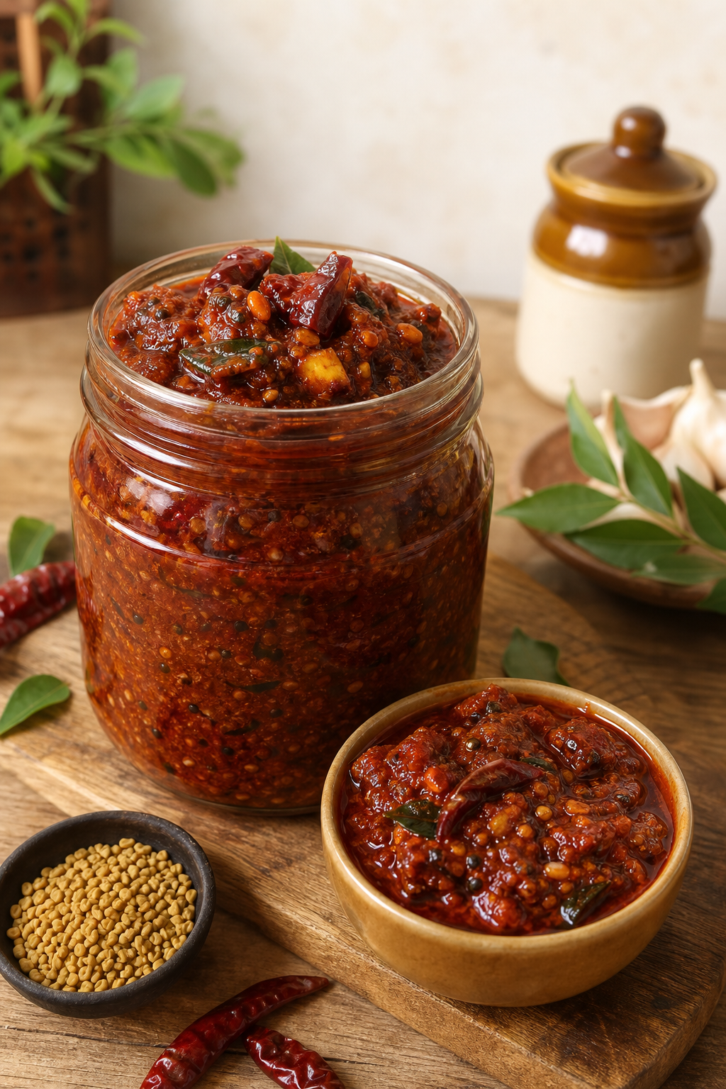 Spicy Karam Pickles in a glass jar with dried chillies and spices